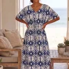 Boho rayon kaftan jurk met tailleband - Blauw Crème Indigo Echo