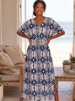 Boho rayon kaftan jurk met tailleband - Blauw Crème Indigo Echo