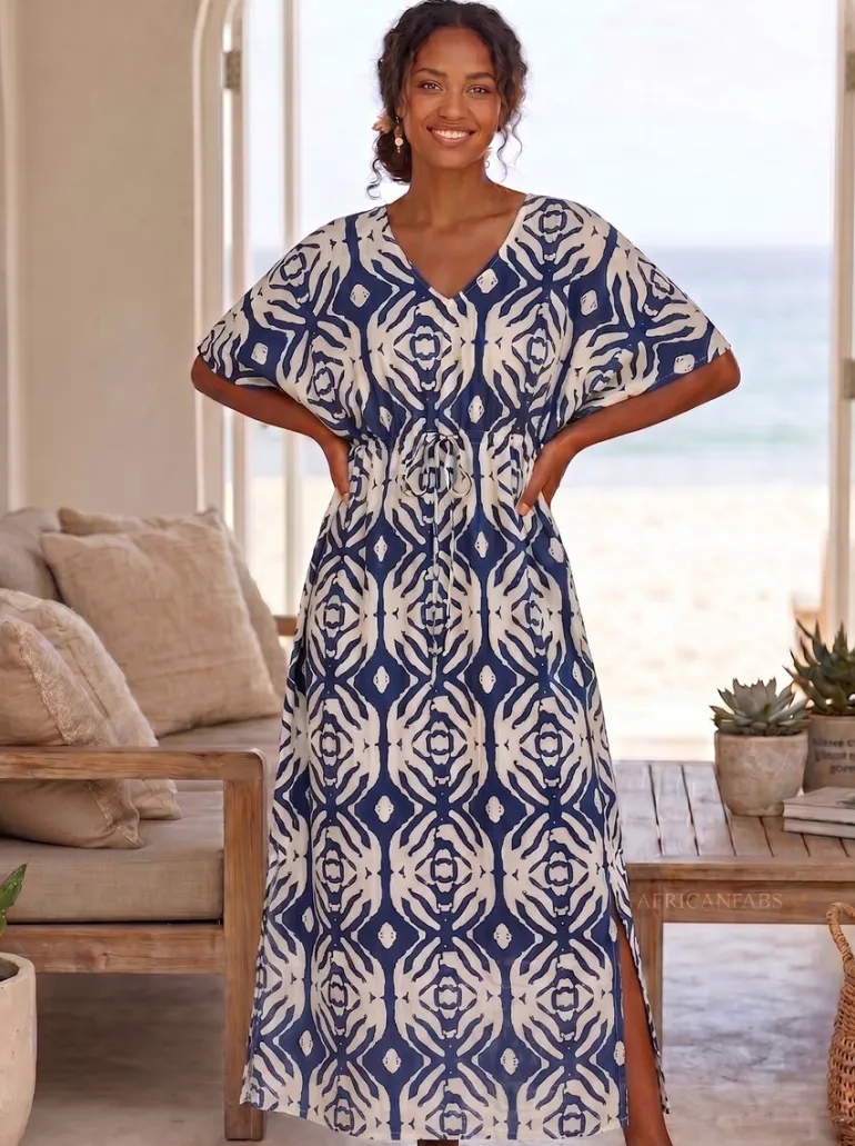Boho rayon kaftan jurk met tailleband - Blauw Crème Indigo Echo