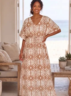 Boho rayon kaftan jurk met tailleband - Beige Crème Desert Echo