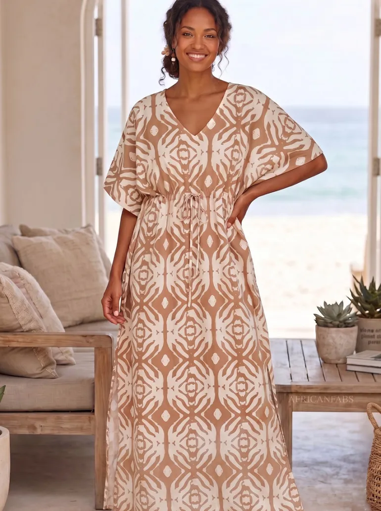 Boho rayon kaftan jurk met tailleband - Beige Crème Desert Echo
