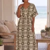 Boho rayon kaftan jurk met tailleband - Olijfgroen Crème Safari Echo