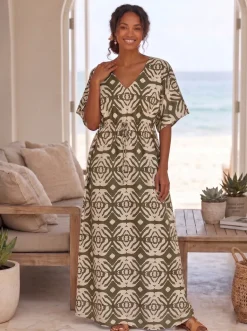 Boho rayon kaftan jurk met tailleband - Olijfgroen Crème Safari Echo