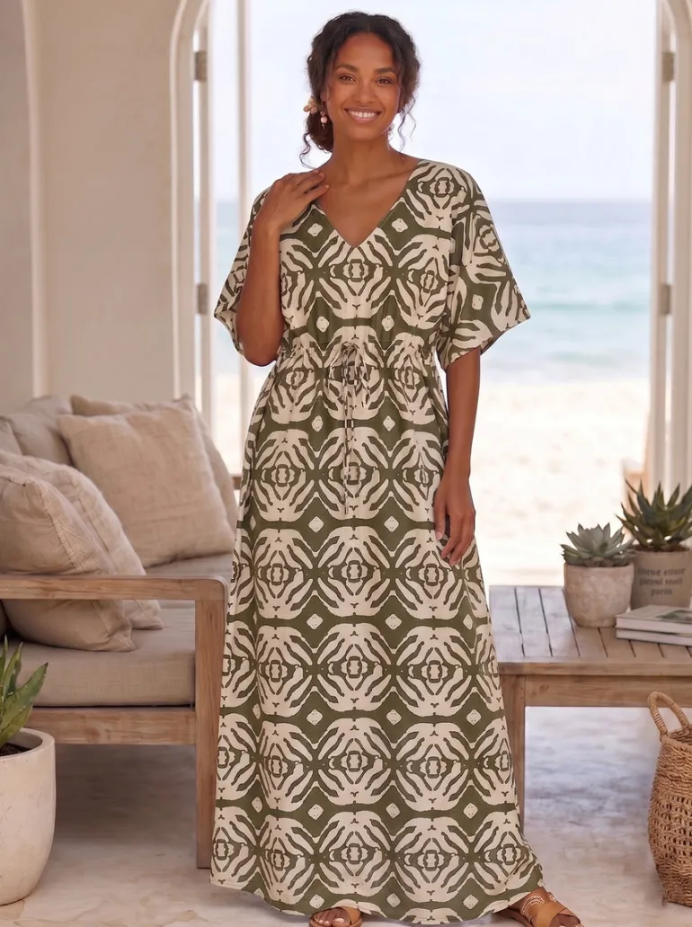 Boho rayon kaftan jurk met tailleband - Olijfgroen Crème Safari Echo