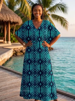 Boho rayon kaftan jurk met tailleband - Turkoois Navy Ocean Mirage
