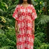 Boho rayon kaftan jurk met tailleband - Rood Wit Tribal Wave