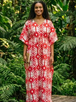 Boho rayon kaftan jurk met tailleband - Rood Wit Tribal Wave