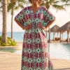 Boho rayon kaftan jurk met tailleband - Bordeauxrood Mint Tribal Mirage