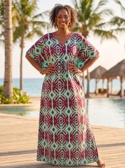 Boho rayon kaftan jurk met tailleband - Bordeauxrood Mint Tribal Mirage