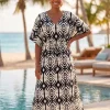 Boho rayon kaftan jurk met tailleband - Zwart Crème Nomad Echo