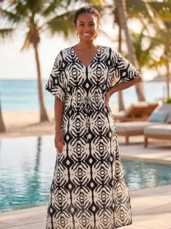 Boho rayon kaftan jurk met tailleband - Zwart Crème Nomad Echo