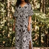Boho rayon kaftan jurk met tailleband - Zwart Wit Maze Rhythm