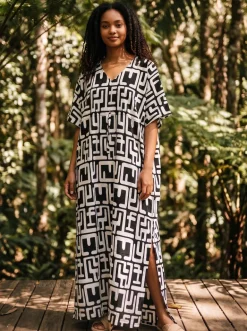 Boho rayon kaftan jurk met tailleband - Zwart Wit Maze Rhythm