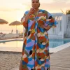 Boho rayon kaftan jurk - Olijfgroen Lichtblauw Boho Mosaic