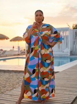 Boho rayon kaftan jurk - Olijfgroen Lichtblauw Boho Mosaic