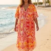 Boho rayon kaftan jurk - Oranje Roze Coral Bloom