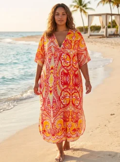 Boho rayon kaftan jurk - Oranje Roze Coral Bloom