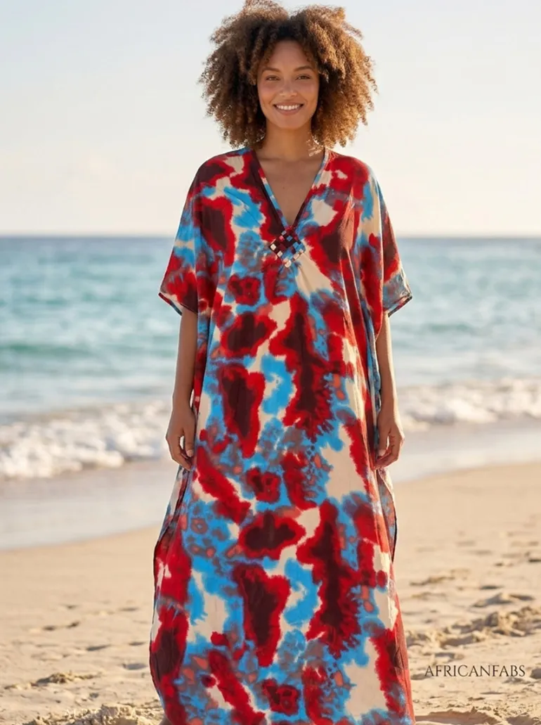Boho rayon kaftan jurk - Rood Blauw Sunset Tide
