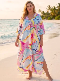 Boho rayon kaftan jurk - Roze Lichtblauw Cotton Sky