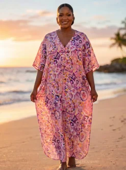 Boho rayon kaftan jurk - Roze Paars Lilac Bloom