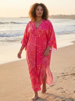 Boho rayon kaftan jurk - Roze Sunburst Dots