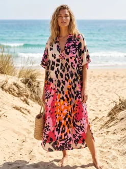 Boho rayon kaftan jurk - Roze Zwart Wild Blush