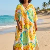 Boho rayon kaftan jurk - Wit Turkoois Island Palms