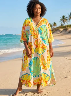 Boho rayon kaftan jurk - Wit Turkoois Island Palms