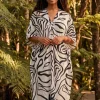 Boho rayon kaftan jurk - Wit Zwart Desert Lines