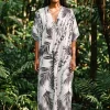 Boho rayon kaftan jurk - Wit Zwart Palm Chains
