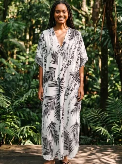 Boho rayon kaftan jurk - Wit Zwart Palm Chains