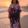 Boho rayon kaftan jurk - Zwart Rood Sunset Splash