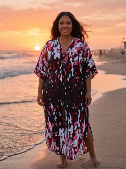 Boho rayon kaftan jurk - Zwart Rood Sunset Splash