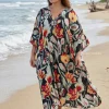 Boho rayon kaftan jurk - Zwart Rood Midnight Flora