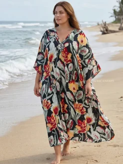 Boho rayon kaftan jurk - Zwart Rood Midnight Flora