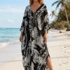 Boho rayon kaftan jurk - Zwart Wit Palm Chains (grotere maat)