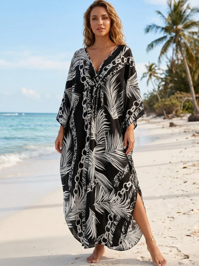 Boho rayon kaftan jurk - Zwart Wit Palm Chains (grotere maat)