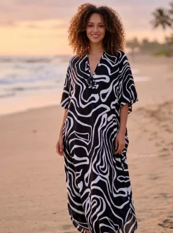 Boho rayon kaftan jurk - Zwart Wit Tribal Waves