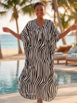 Boho rayon kaftan jurk - Zwart Wit Zebra Flow