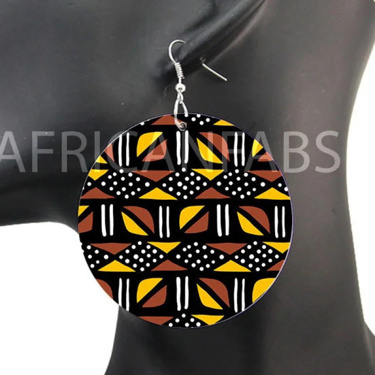 Bruin / gele mud cloth / bogolan - Afrikaanse oorbellen