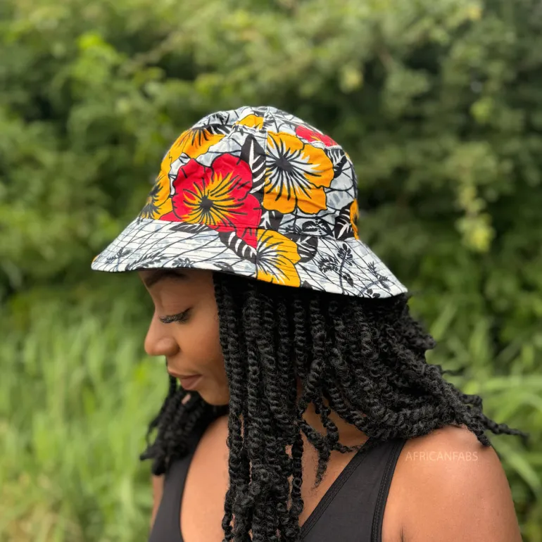 Bucket hat / Vissershoedje met Afrikaanse print - Lichtgrijze Flowers - Kinderen & Volwassenen (Unisex)