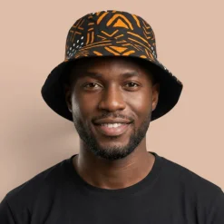 Bucket hat / Vissershoedje met Afrikaanse print - Zwart Oranje Bogolan Symbols - Kinderen & Volwassenen (Unisex)