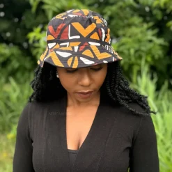 Bucket hat / Vissershoedje met Afrikaanse print - Bruine Cross Bogolan - Kinderen & Volwassenen (Unisex)