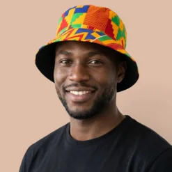Bucket hat / Vissershoedje met Afrikaanse print - Geel Blauw Kente - Kinderen & Volwassenen (Unisex)