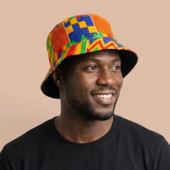 Bucket hat / Vissershoedje met Afrikaanse print - Geel Blauw Kente - Kinderen & Volwassenen (Unisex)