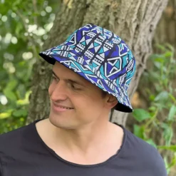Bucket hat / Vissershoedje met Afrikaanse print - Blauw Bogolan - Kinderen & Volwassenen (Unisex)