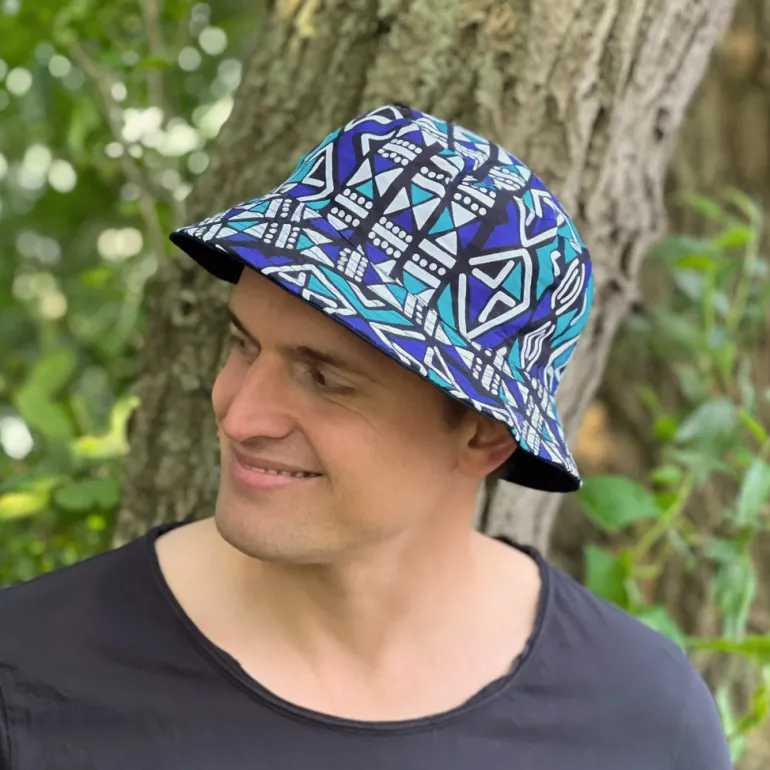 Bucket hat / Vissershoedje met Afrikaanse print - Blauw Bogolan - Kinderen & Volwassenen (Unisex)