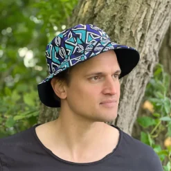 Bucket hat / Vissershoedje met Afrikaanse print - Blauw Bogolan - Kinderen & Volwassenen (Unisex)