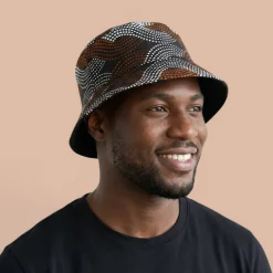 Bucket hat / Vissershoedje met Afrikaanse print - Bruin Wit Wave Pattern - Kinderen & Volwassenen (Unisex)