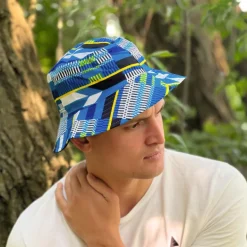 Bucket hat / Vissershoedje met Afrikaanse print - Kente blauw - Kinderen & Volwassenen (Unisex)